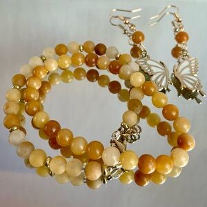 Elegant Handmade Yellow Jade Beaded Bracelet Stack and Butterfly Earring Set